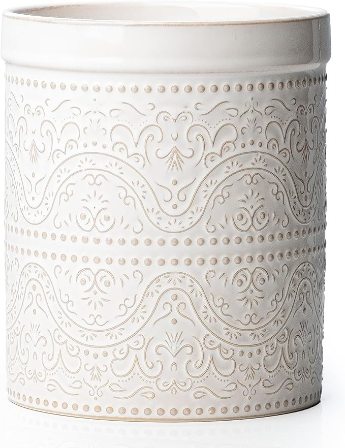 Kitchen Utensil Holder, 7 Inches Large Ceramic Utensil Holder for Countertop, Lace Emboss Cooking... | Amazon (US)