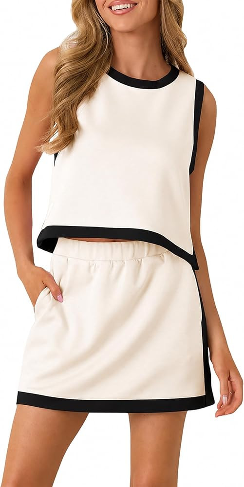 Women 2 Piece Skirt Set Colorblock Sleeveless Athletic Crop Top and High Waisted Sport Short Skor... | Amazon (US)