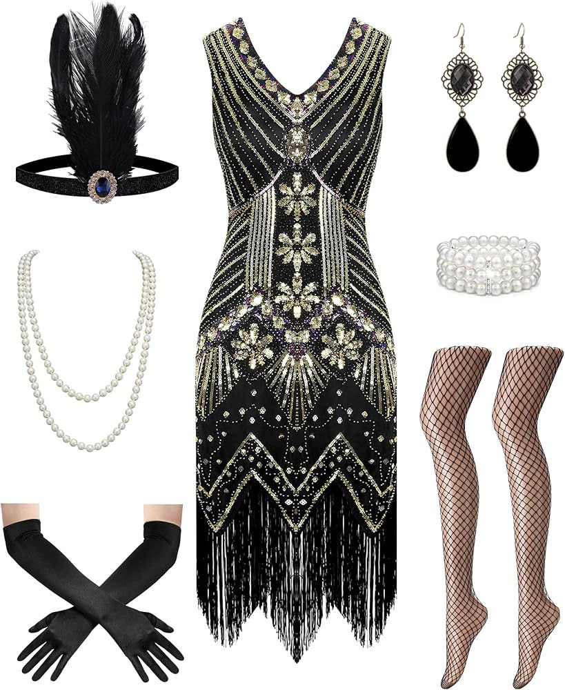 1920s Flapper Dresses for Women Roaring 20s Dress with Accessories Set | Amazon (US)