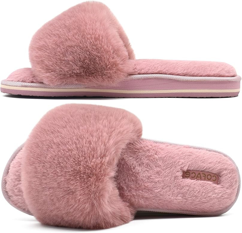 COFACE Womens Sliders Plush House Slippers Flat Sandals for Women Memory Foam Fuzzy Open Toe Slip... | Amazon (US)