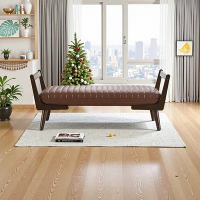 52" Bench With Walnut Wood Legs Channeled Upholstered Ottoman | Wayfair North America