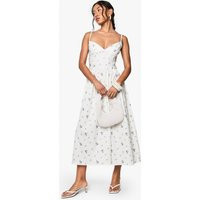 Womens Ditsy Floral Bengaline Volume Milkmaid Dress - White - 14 | boohoo (US & Canada)