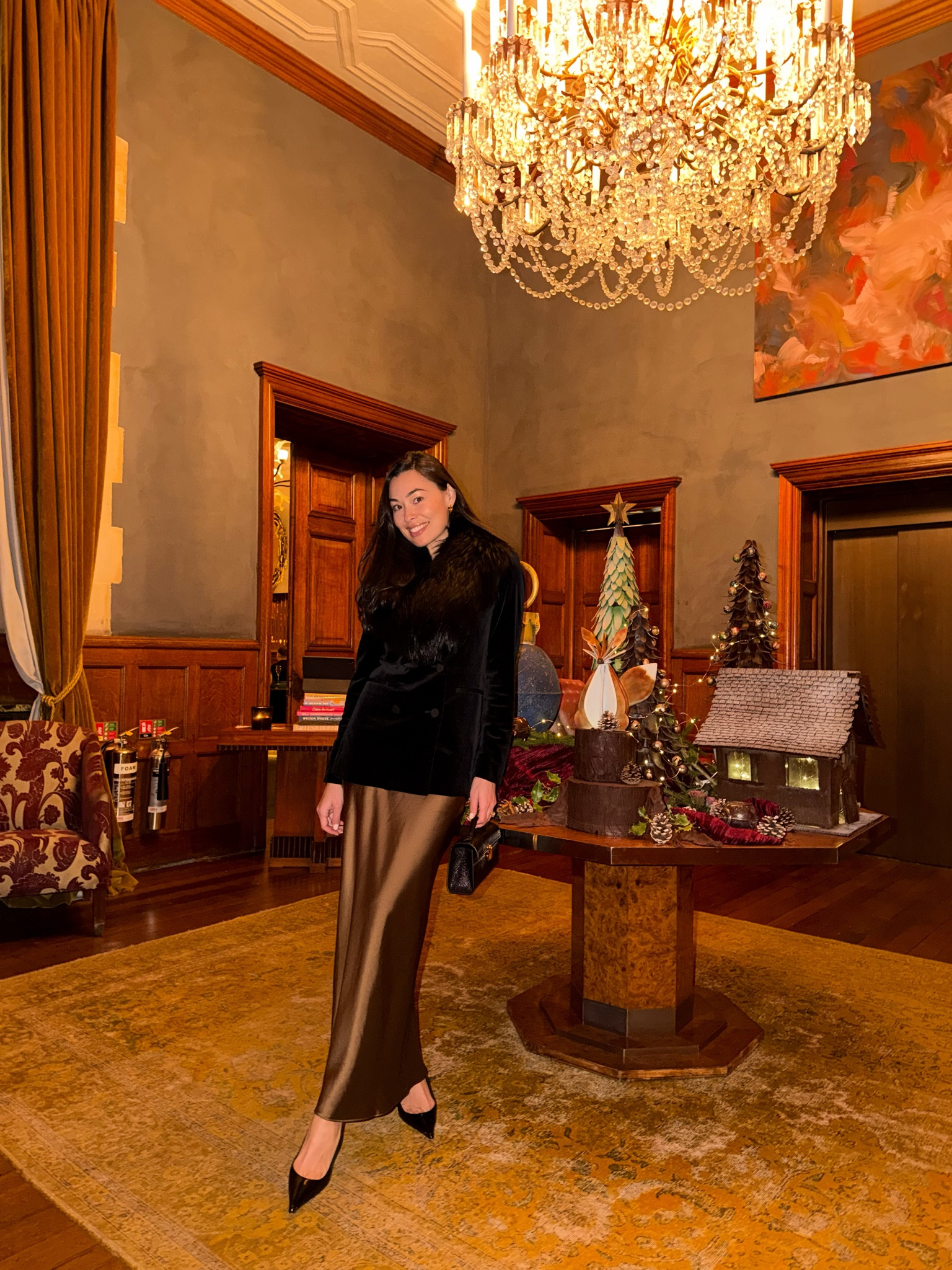 Zara brown silk dress worn as a skirt, Theory velvet blazer, Estelle Manor outfit, festive outfit, winter outfit, cocktail party. 

#LTKootd #LTKSeasonal #LTKTravel