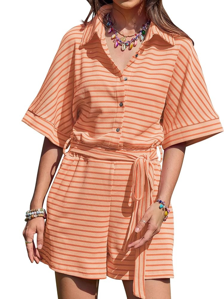 Yousify Womens Summer Casual Striped Rompers Short Sleeve Button Down Belted Elastic Waist Short ... | Amazon (US)