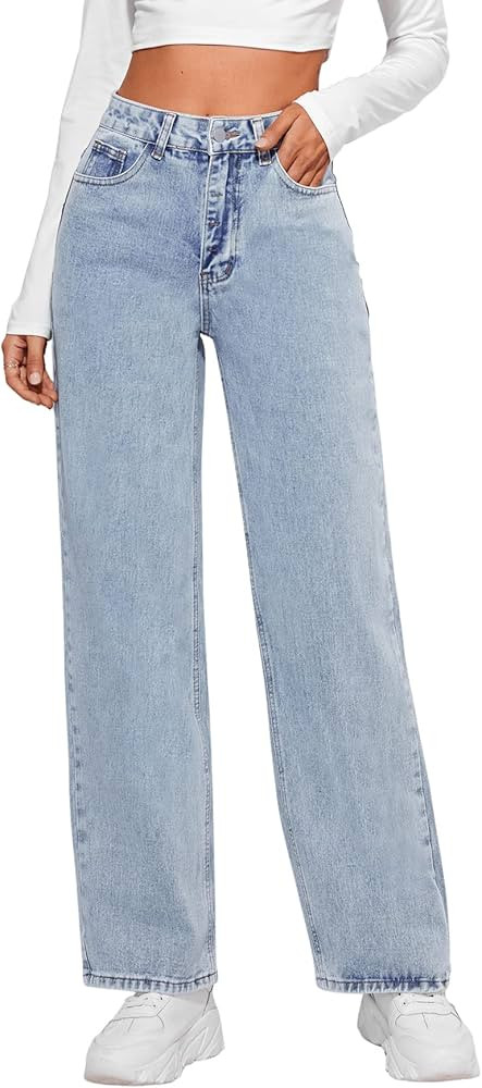 SweatyRocks Women's Casual Loose High Waist Solid Straight Wide Leg Jeans | Amazon (US)