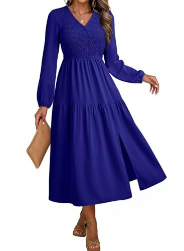 Dokotoo Long Sleeve Dress for Women V Neck Smocked Empire Waist Ruffle Tiered Casual Split Maxi Dress Graduation Dress Dark Blue Small | Amazon (US)