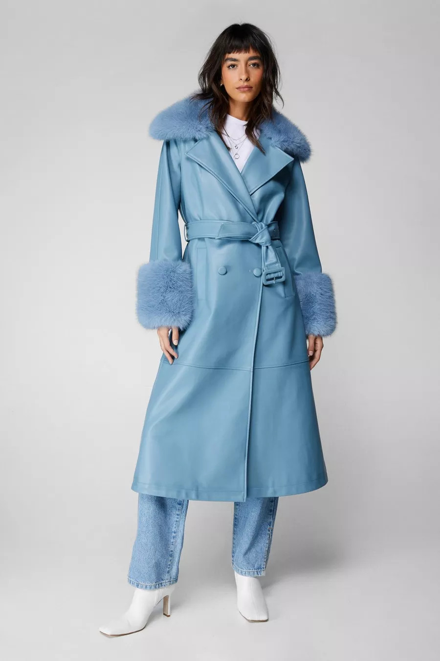 Plush Fur Trim Belted Faux Leather Coat | Nasty Gal US