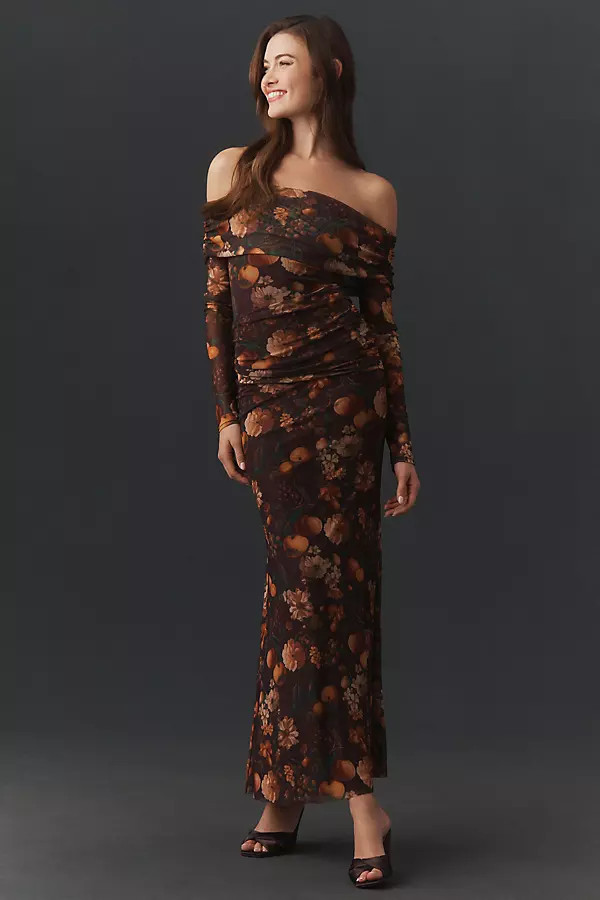 Off-Shoulder Long-Sleeve Ruched Maxi Dress | Anthropologie (US)