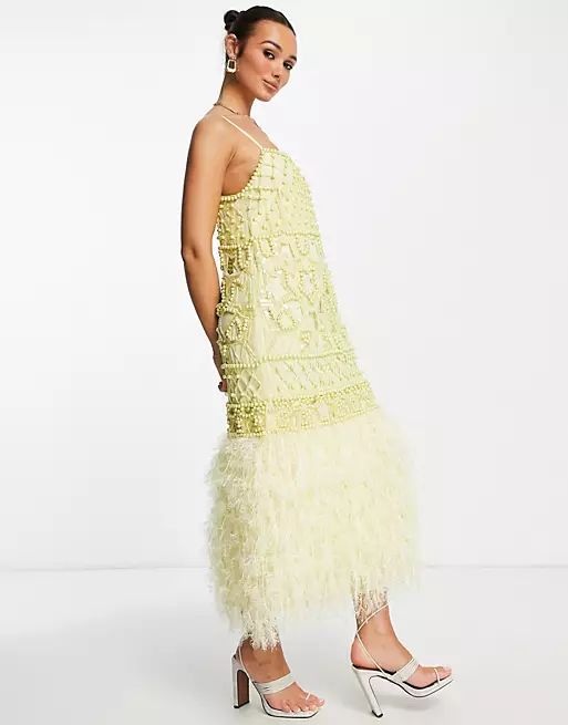 ASOS EDITION pearl embellished cami midi dress with feathers in lemon | ASOS (Global)