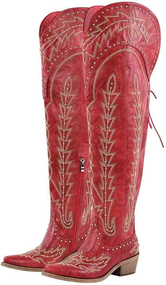 sexytag Cowgirl Boots Thigh High Wide Calf Embroidered Western Cowboy Boots | Amazon (US)