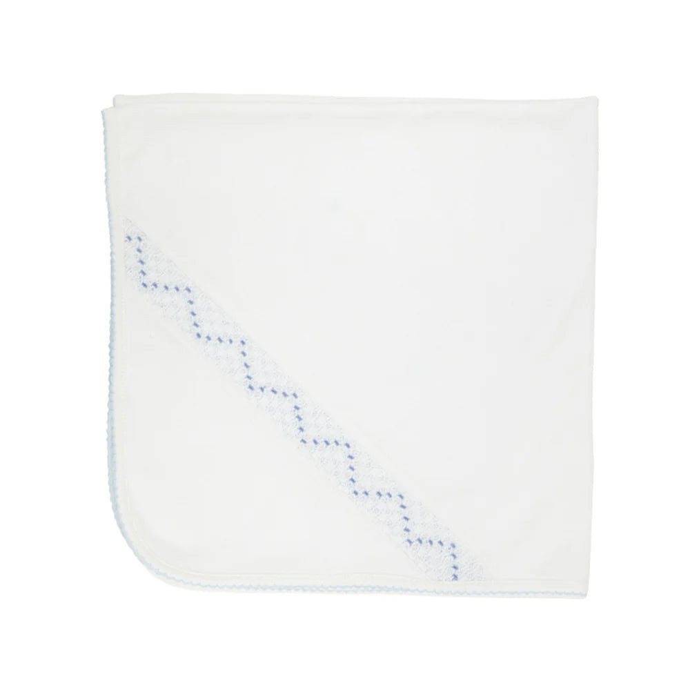 Sweetly Smocked Blessing Blanket Worth Avenue White with Buckhead Blue | Loozieloo