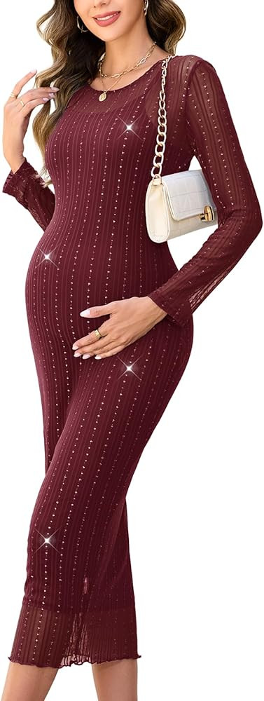 2 Piece Maternity Sparkly Mesh Dress Long Sleeve Round Neck Bodycon Midi Pregnancy Dresses Baby S... | Amazon (US)