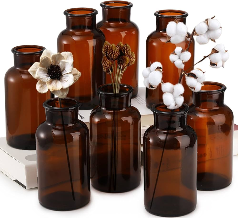 TOPZEA Set of 8 Amber Glass Vase, 17oz Boho Flower Vase Bud Vases Decorative Brown Medicine Glass... | Amazon (US)