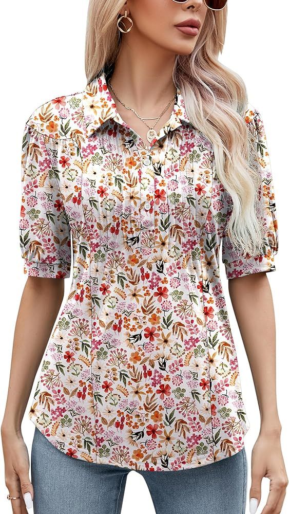 Micoson Womens Blouses Dressy Casual Short Sleeve Button Down Collared Polo Shirt Loose Tunic 2023 Summer Tops | Amazon (US)
