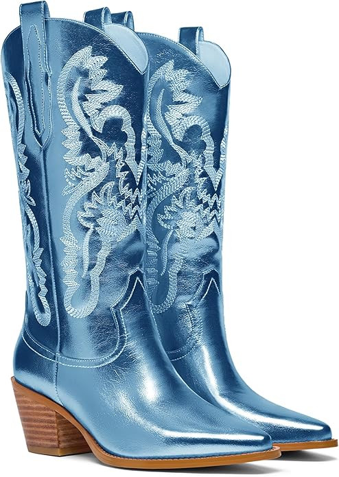 Women's Cowboy Boots Metallic Mid Calf Cowgirl Boots Wide Calf Western Embroidered Sparkly Paty B... | Amazon (US)