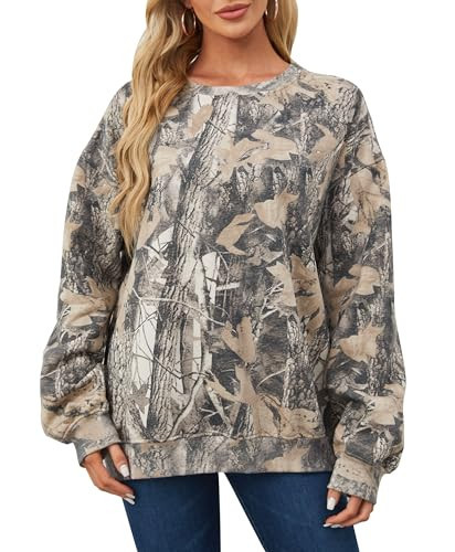 Eutten Womens Camo Sweatshirt Maple Leaf Print Oversized Camo Crewneck Sweatshirt Fleece Pullover Hoodies Long Sleeve | Amazon (US)