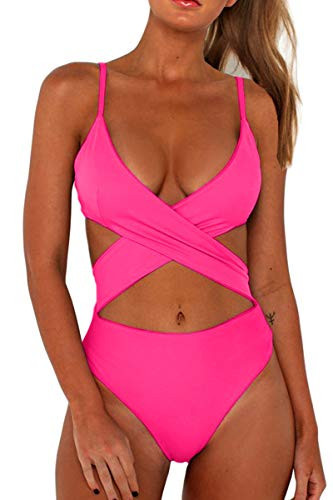 CHYRII Womens One Piece High Waisted V-Neckline Sexy Criss Cross Front Flattering Monokini Swimwear Pink S | Amazon (US)