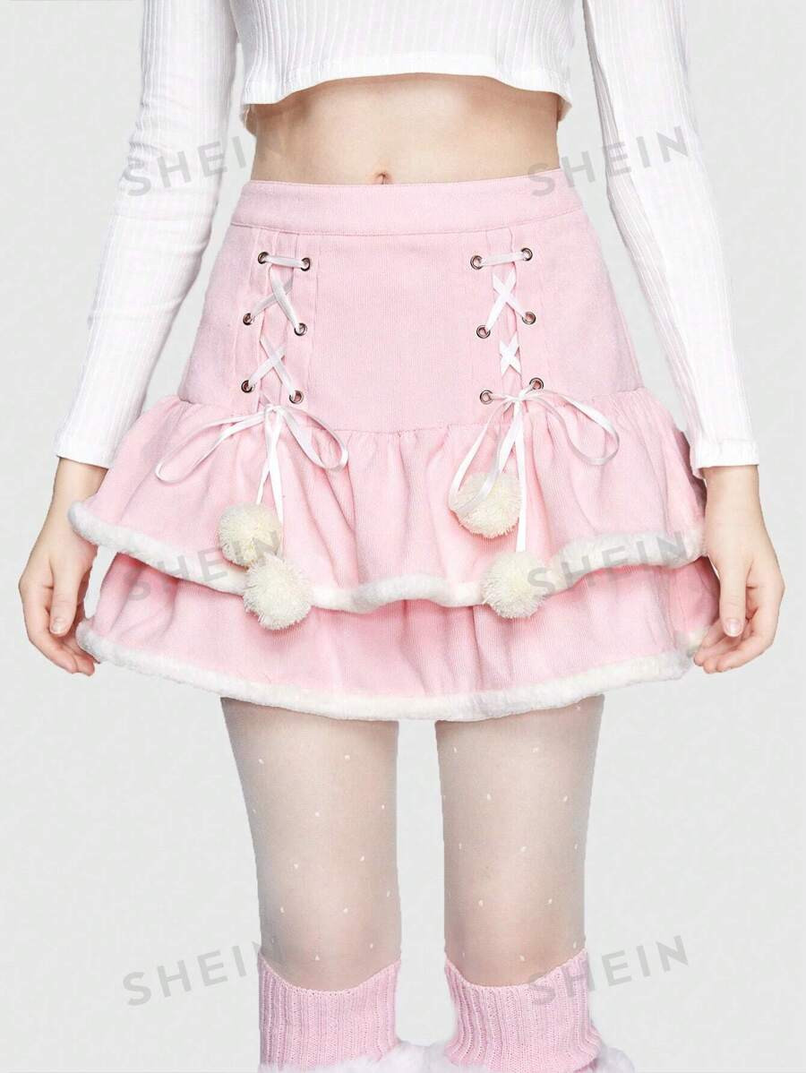 ROMWE Kawaii Lace Up Front Ruffle Trim Skirt | SHEIN