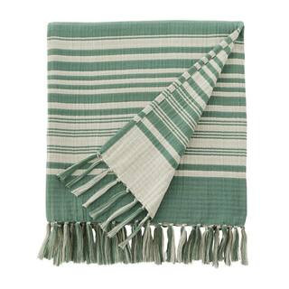 StyleWell Green Stripe Turkish Cotton Gauze Throw Blanket with Fringe | The Home Depot