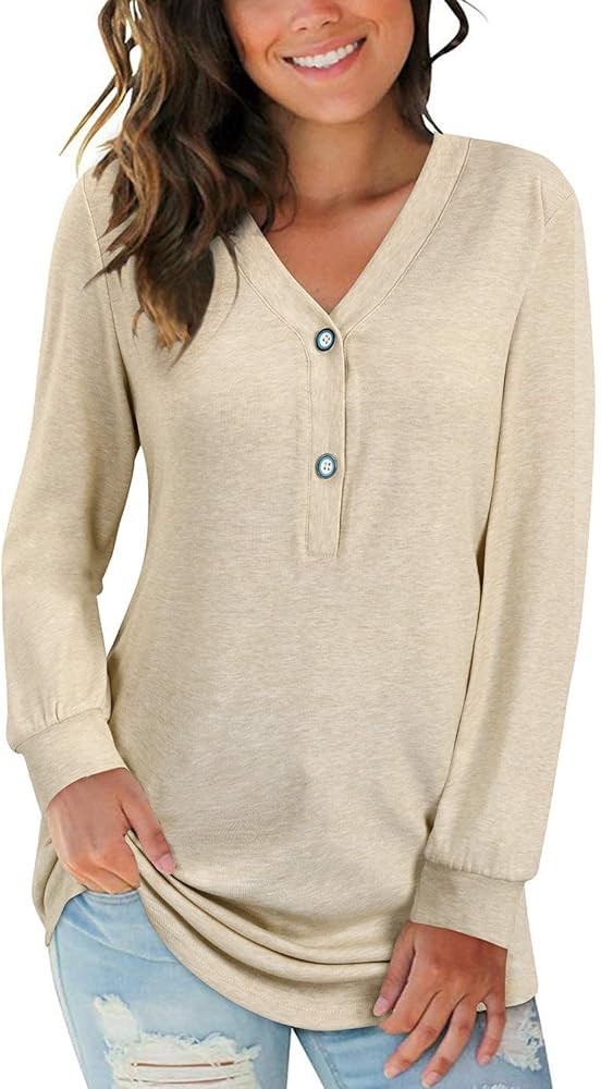 LAISHEN Women's Leopard Print V-Neck Button Camo Causal Long Sleeve Tops Henley Blouse Loose T Shirt | Amazon (US)