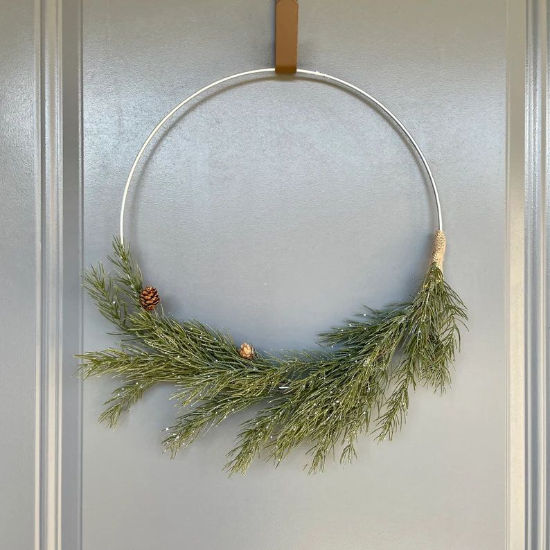 Modern Evergreen Winter Hoop Wreath with Sparkling Pine - Minimal Christmas Hoop Wreath | Etsy (US)