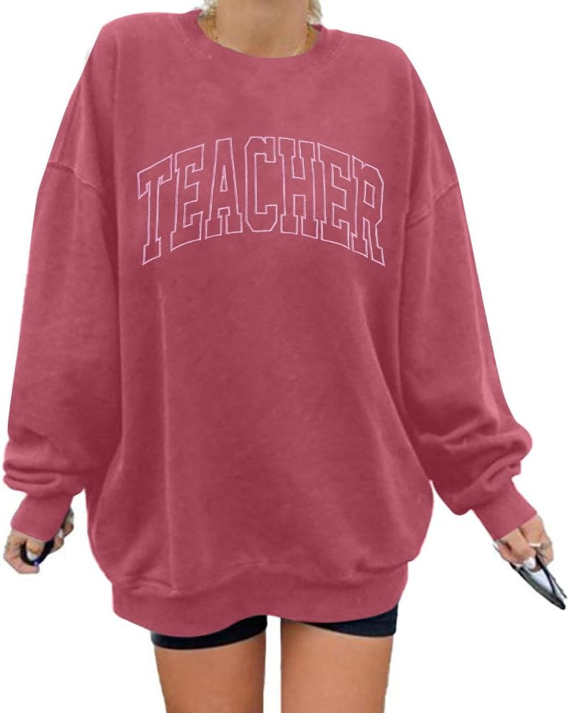 BANGELY Teacher Sweatshirt Women Oversized Retro Teach Crewneck Shirt Embroidery Teacher Life Pul... | Amazon (US)