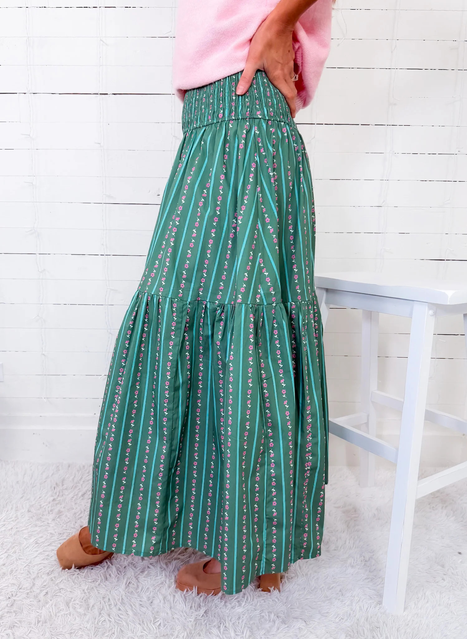 Karlie Kip Mint Floral Stripe Tier Smock Maxi Skirt | Clover and Bee | Clover + Bee
