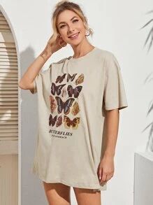 Butterfly And Letter Graphic Oversized Tee | SHEIN