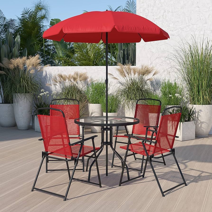 Flash Furniture Nantucket 6 Piece Red Patio Garden Set with Table, Umbrella and 4 Folding Chairs | Amazon (US)