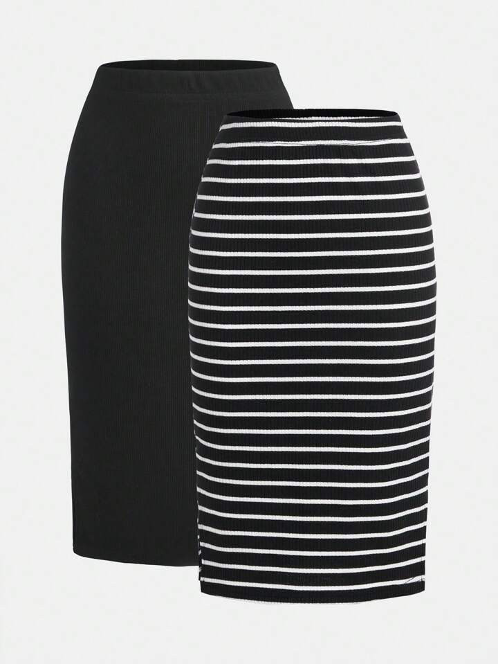 SHEIN LUNE Plus Size Women Elastic Waist Straight Casual Multi-Pack Midi Skirts Summer Outfits Fo... | SHEIN