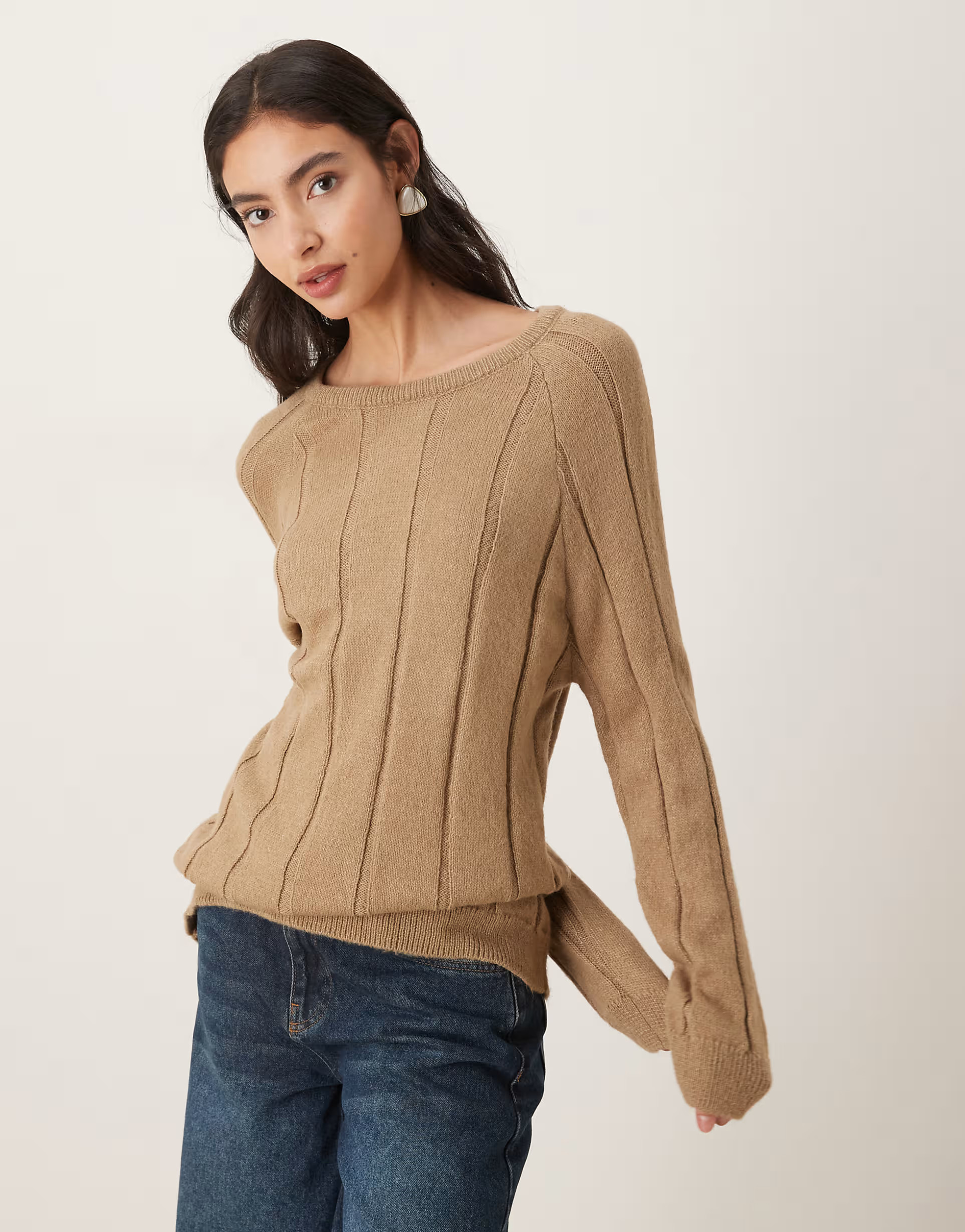 ASOS DESIGN fluffy knitted jumper with wide rib setting in beige | ASOS (Global)