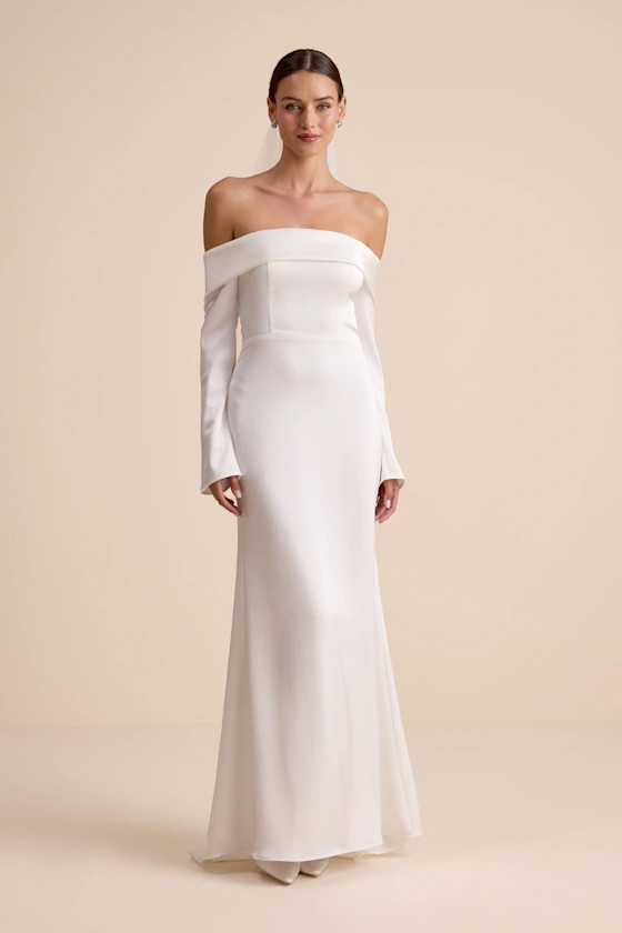 Saintclair White Satin Off-the-Shoulder Long Sleeve Maxi Dress | Lulus