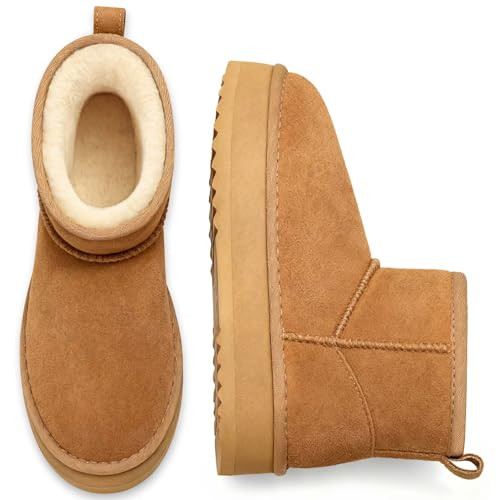 Litfun Suede Platform Mini Boots for Women Genuine Leather Fuzzy Ankle Winter Snow Boots with Fur Lined, Chestnut 42 | Amazon (US)
