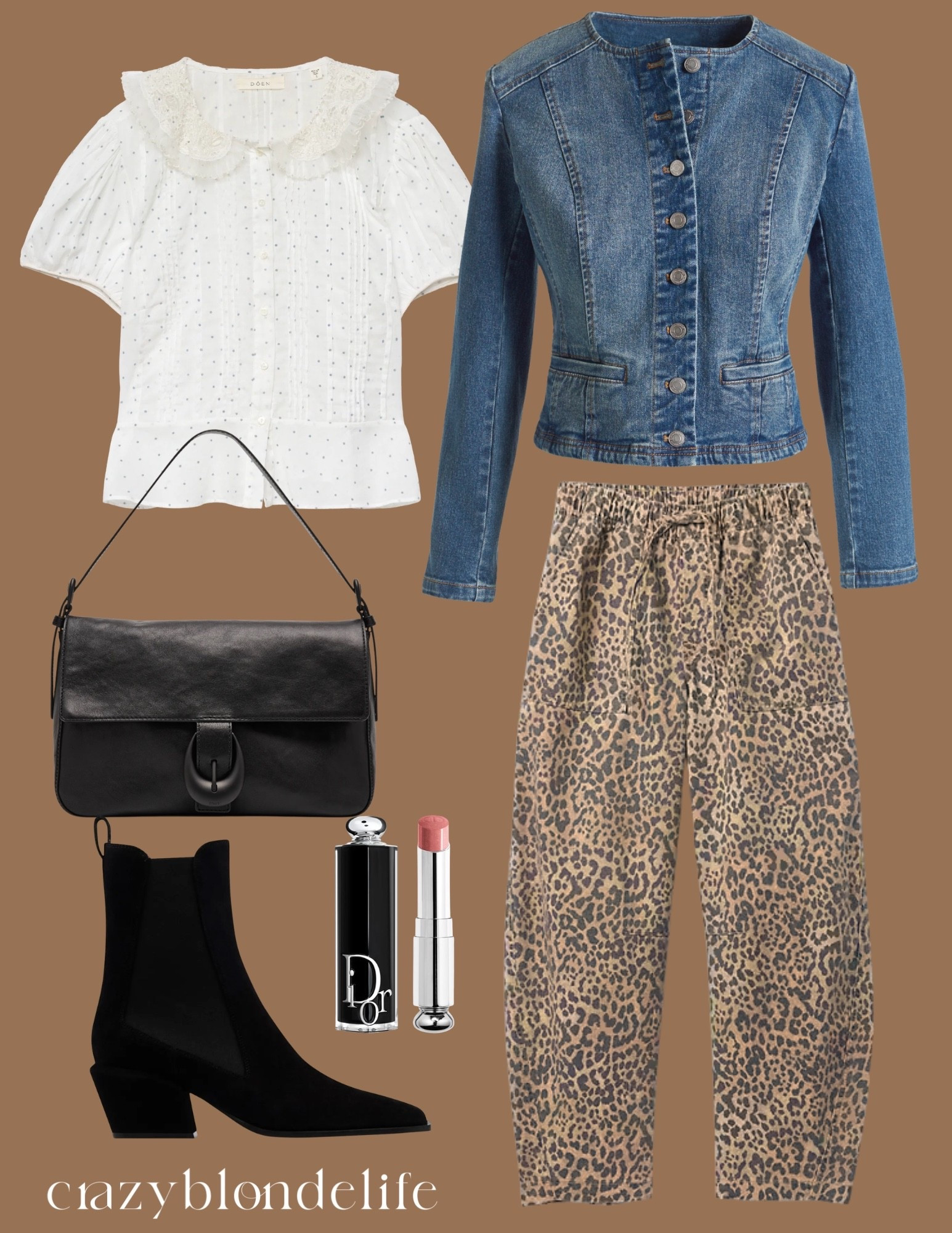 Casual look to wear now and into spring!
Leopard pants, denim jacket, white cropped blouse, black bag and black western booties.


#LTKOver40 #LTKSeasonal #LTKootd