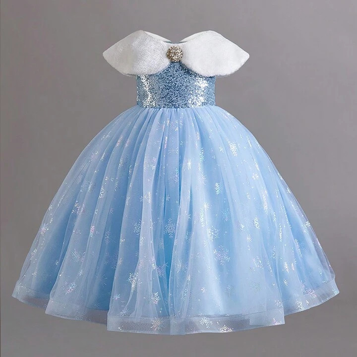 Young Girl Lovely Ice Princess Dress With Fluffy Collar, Bow Accent, And Blue Tulle Skirt For Par... | SHEIN