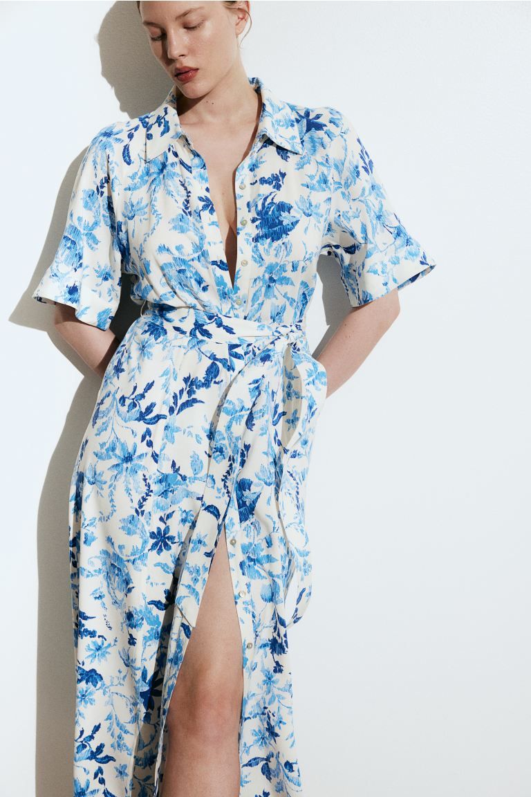 Tie-belt Shirt Dress - White/blue floral - Ladies | H&M US | H&M (US + CA)
