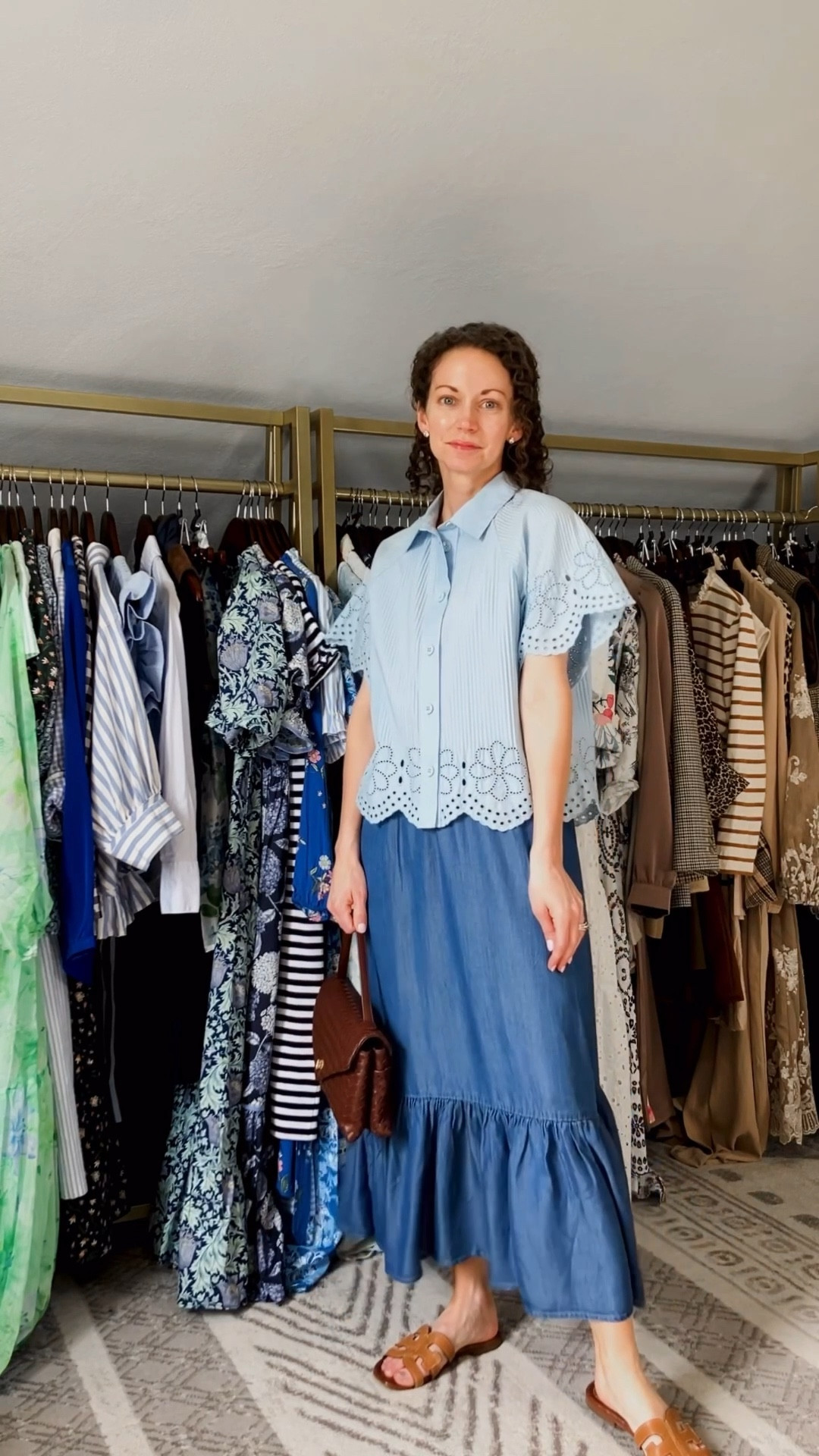 A blue and brown spring outfit!
Light blue embroidered top is old from J.Crew Factory, linking similar  
Denim ruffle skirt from Amazon. 
Earrings and eternity band from Amazon. 
Brown woven handbag from Moda Luxe. 
Brown leather sandals from Sam Edelman. 
Quilted Burberry jacket is old, linking similar. 
Lip color is Bobbi Brown and Victorias Secret. 
Perfume is Citizen Jill. 
Floral satin robe from Amazon. 
Petite outfit. Spring outfit. Modest outfit. Mom outfit. Classic outfit  

#LTKdayinmylife #LTKgrwm #LTKootd
