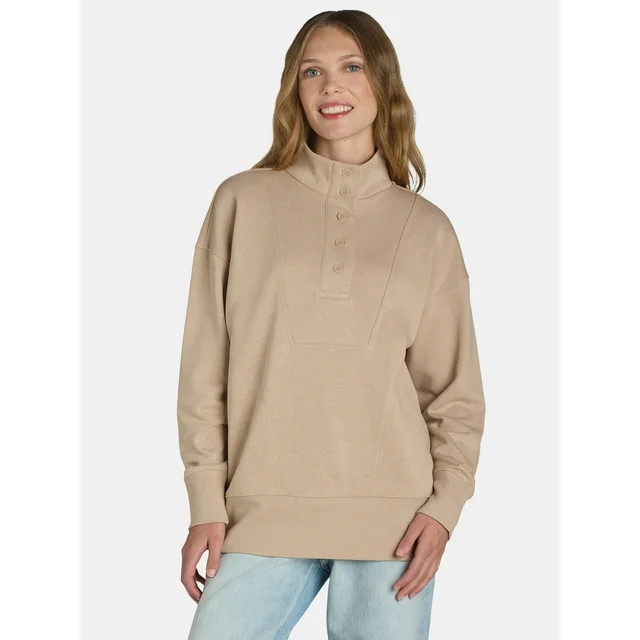 Time and Tru Women's Mock Neck Sweatshirt with Button Placket, Sizes XS-XXXL | Walmart (US)