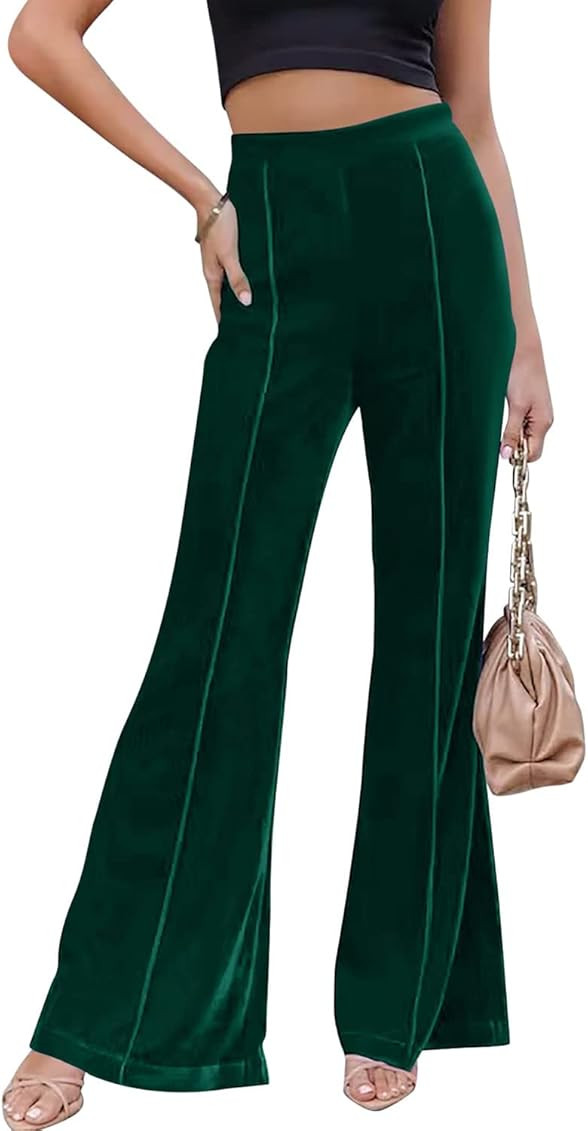 Mallnear Women's Velvet Pants Wide Leg Flare Pants Elastic High Waist Palazzo Casual Bell Bottom Tro | Amazon (US)