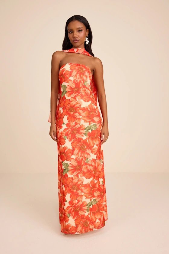 Rawya Orange Floral Strapless Maxi Dress and Scarf Set | Lulus