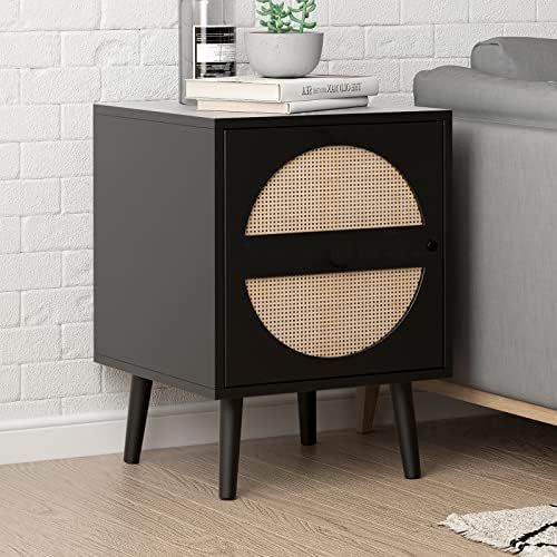 Rattan Nightstand Side Table, Black End Table with Rattan Decorated Door and Shelves, Modern Acce... | Amazon (US)