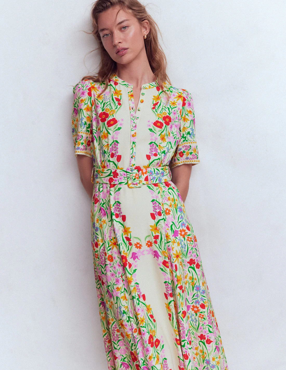 Kate Puff Sleeve Belted Dress-Ivory, Elegant Garden | Boden UK