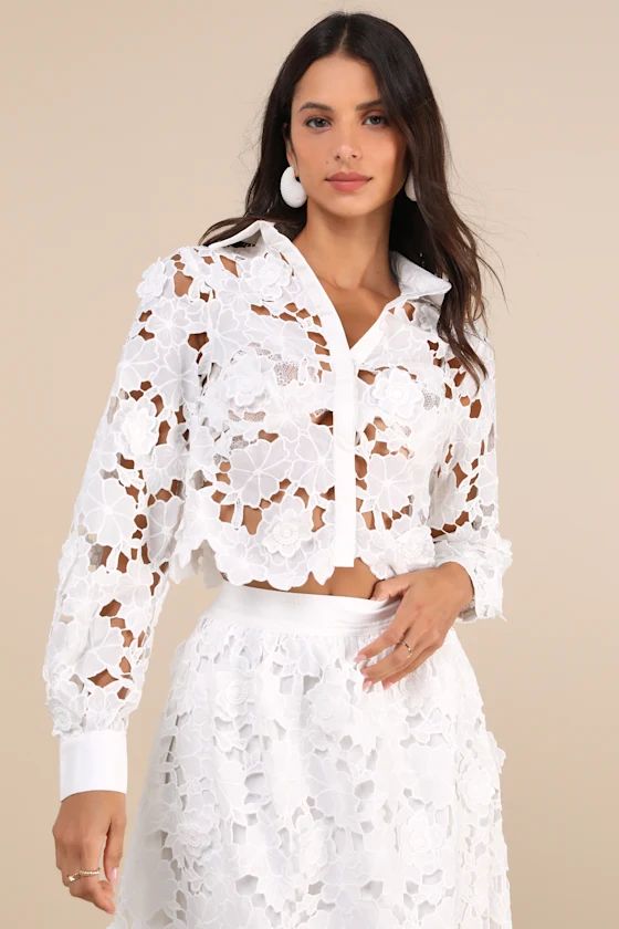 Ottis White Sheer Laser-Cut Floral Collared Long Sleeve Top | Lulus