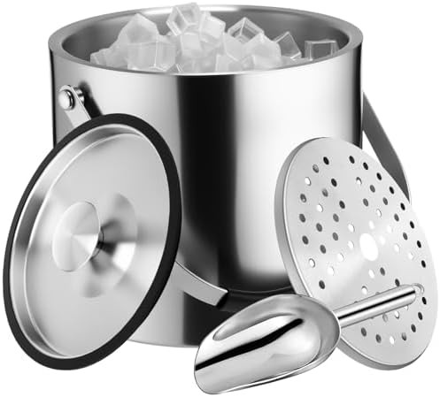 meekoo 4 L Double Wall Insulated Stainless Steel Ice Bucket with Lid, Scoop, Strainer, Handle Lar... | Amazon (US)