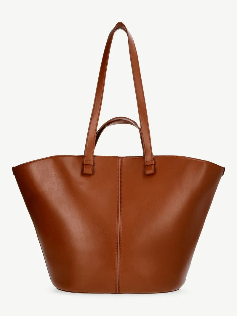 Time and Tru Women's Faux Leather Tulip Tote Handbag, Cognac | Walmart (US)