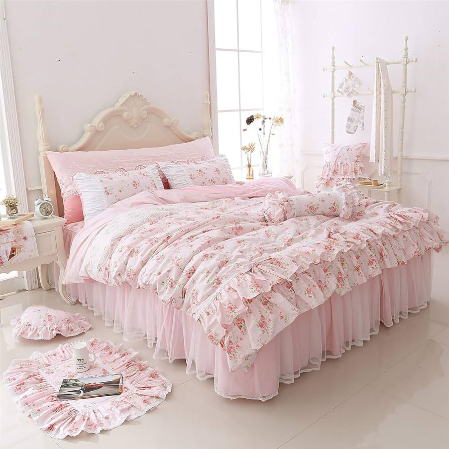 LELVA Romantic Roses Print Duvet Cover Set with Bed Skirt Pink Lace Ruffle Floral Shabby Chic Bed... | Amazon (US)