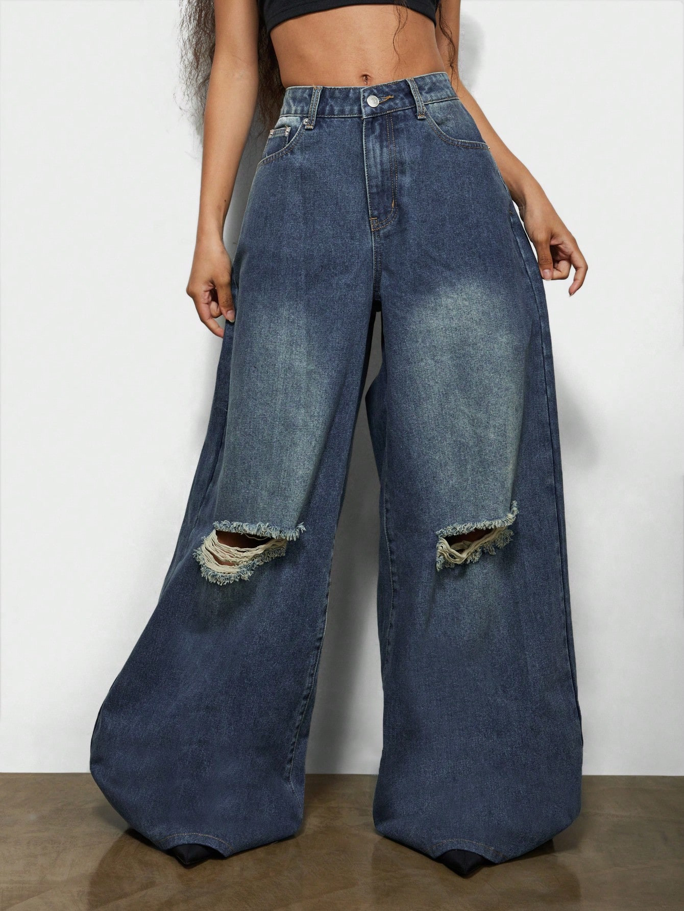 SUMWON WOMEN Wide Leg Washed Distressed Jean | SHEIN USA | SHEIN