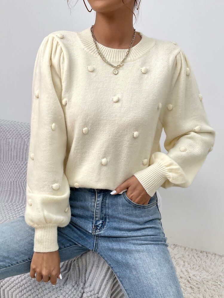 Pom Pom Lantern Sleeve Sweater | SHEIN