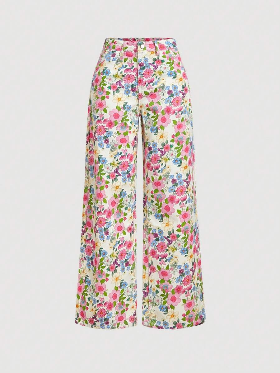 SHEIN MOD Women's Elegant Floral Print Wide Leg Jeans | SHEIN