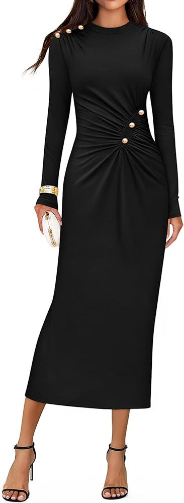 ZESICA Womens 2025 Fall Long Sleeve Mock Neck Bodycon Midi Dress Ruched Knit Elegant Party Cockta... | Amazon (US)